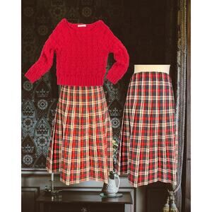 Vintage 80s Susan Bristol Red Tan Plaid Accordion Kilt Preppy Midi Skirt XLP